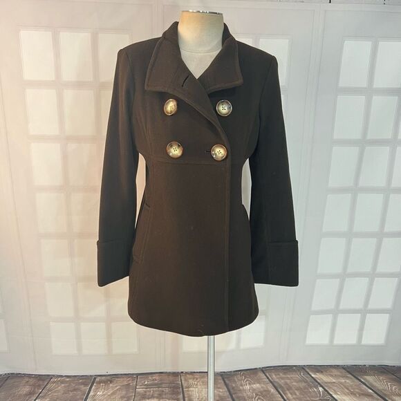 Michael Michael Kors Brown Double Breasted Wool Blend Lined Peacoat Size Medium - Picture 1 of 11